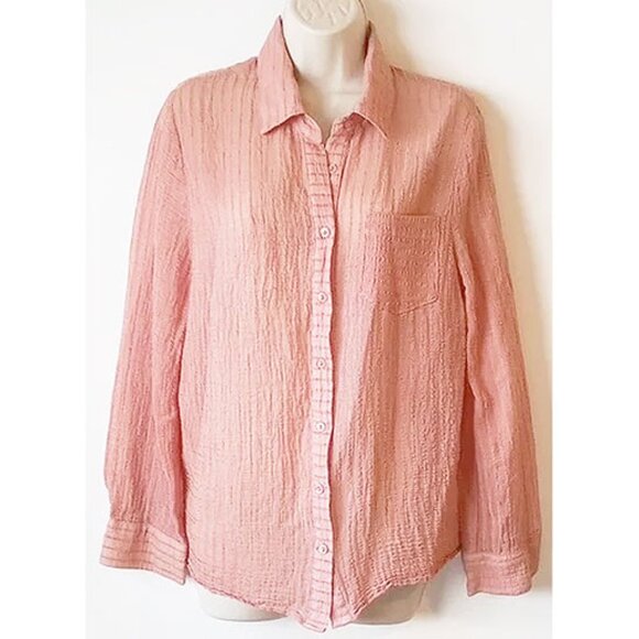 NWOT Miou Muse Crinkle Gauze Button Down Blouse M Peach - Picture 1 of 3